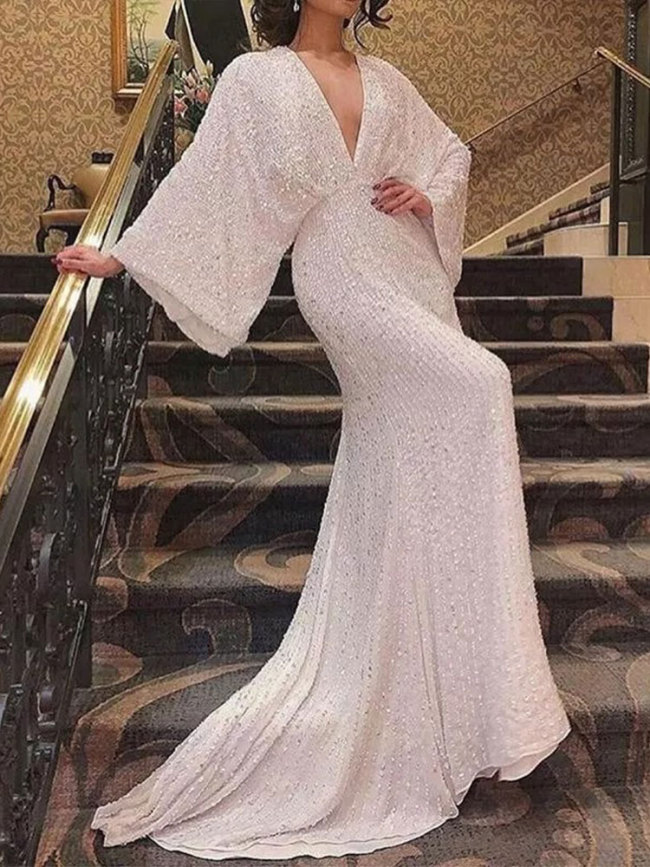 Elegant Sequin Deep V Long Sleeve Maxi Dress Fashion High Waisted Fishtail Dresses