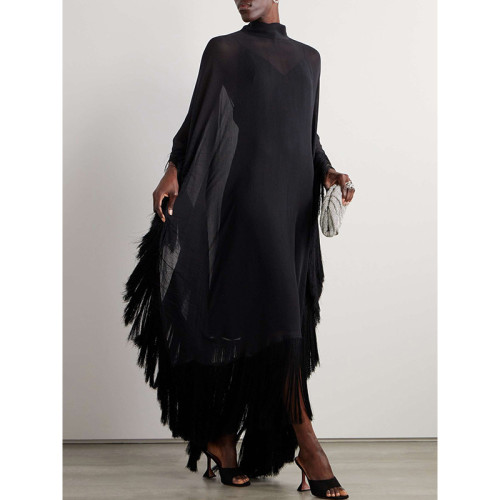 Batwing Sleeves Loose Solid Color Split-Joint Tasseled High Neck Evening Dresses Maxi Dresses