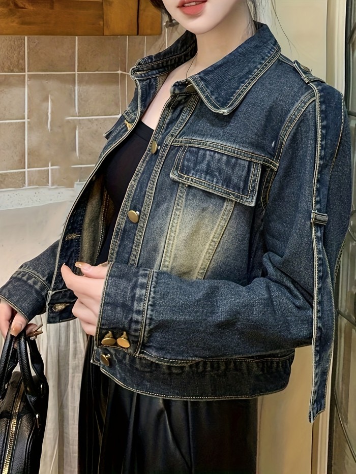 Women's Vintage Style Denim Jacket, Casual Chic Short Cropped Outerwear For Spring\u002FFall, Classic Retro Jean Top