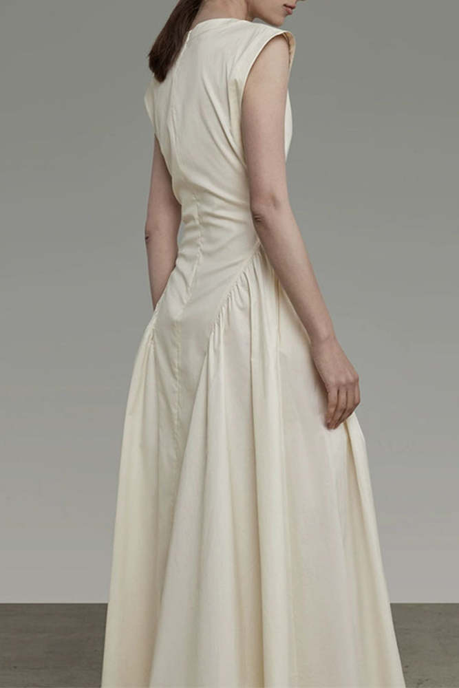 Elegant Solid Pocket Fold O Neck Sleeveless Dresses