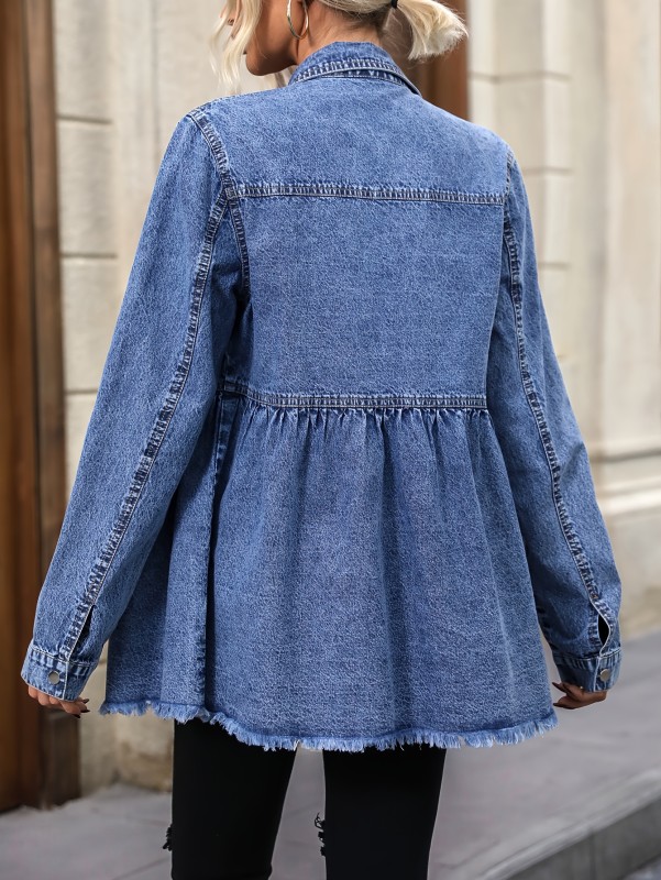 Blue Frayed Hem Denim Coat, Flap Pockets Long Sleeves Ruched Lapel Denim Jacket, Women's Denim Clothing