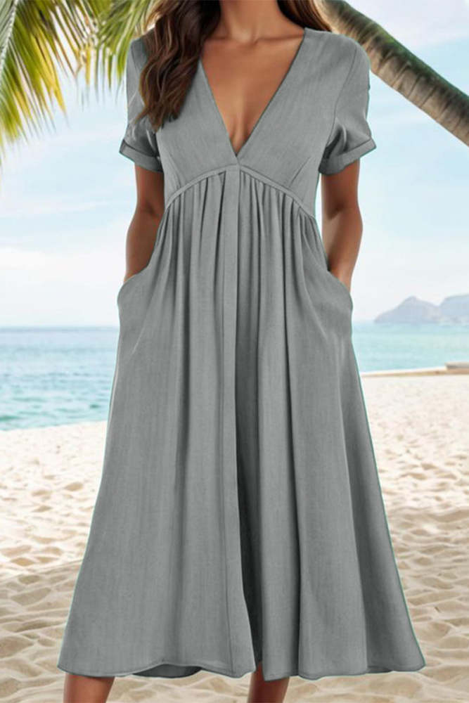 Casual Solid Pocket Fold V Neck A Line Dresses
