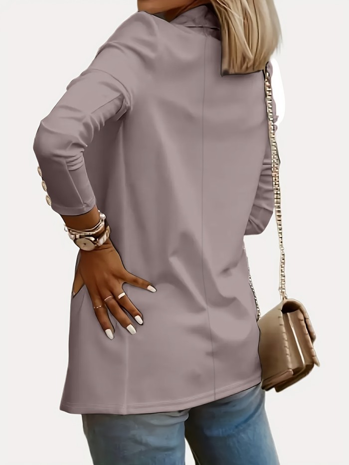 Solid Open Front Lapel Blazer, Elegant Button Decor Long Sleeve Blazer For Office & Work, Women's Clothing