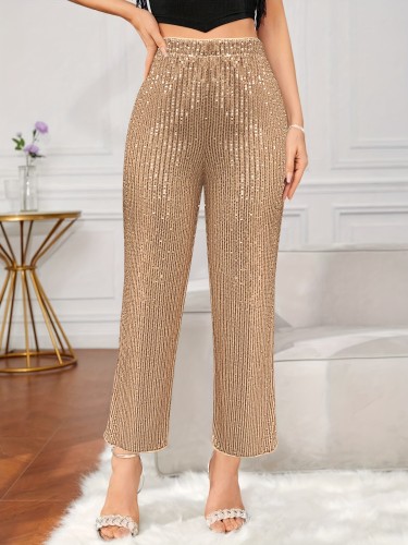 Sequined Solid Straight Pants, Elegant High Waist Slim Pants For Spring & Summer, Women's Clothing