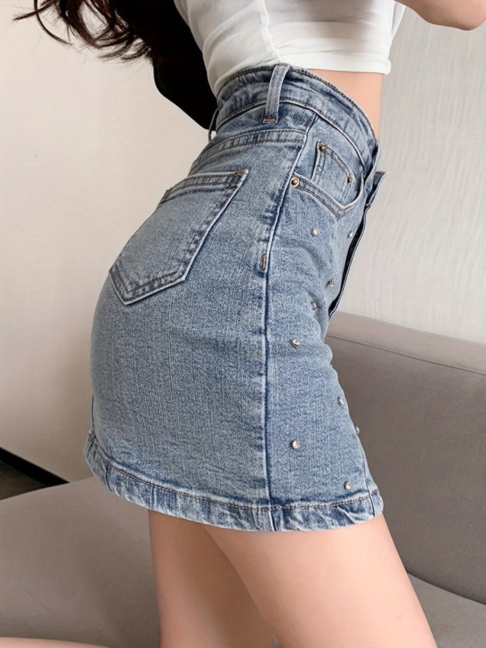 Rhinestone Decor Split Denim Skorts, Elegant High Rise Bodycon Denim Shorts, Women's Denim Jeans & Clothing