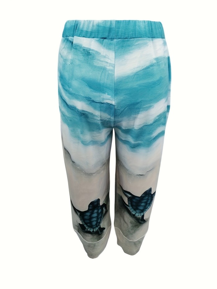 Turtle Print Straight Leg Pants, Casual Asymmetric Hem Pants For Spring & Summer, Women's Clothing