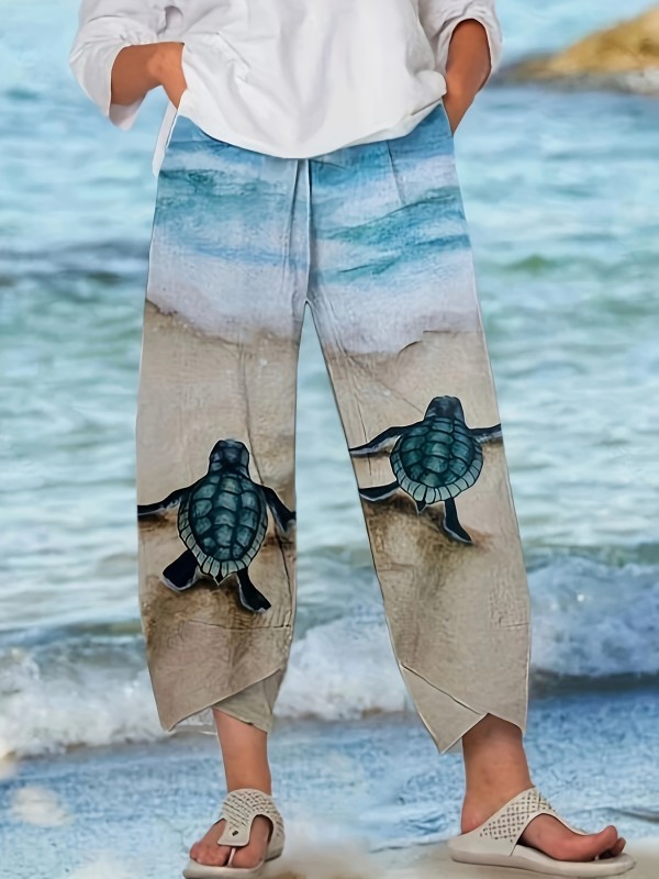 Turtle Print Straight Leg Pants, Casual Asymmetric Hem Pants For Spring & Summer, Women's Clothing