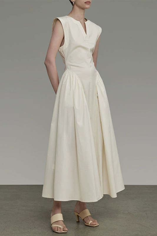 Elegant Solid Pocket Fold O Neck Sleeveless Dresses