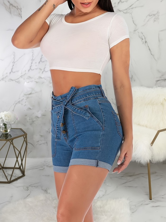 Women's Sexy Denim Shorts, High Waist With Bow Tie Belt, Slim Fit Casual Summer Jean Hotpants