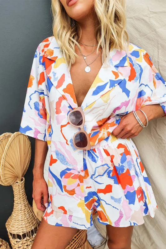 Casual Vacation Geometric Print Buttons Contrast Turndown Collar Half Sleeve Two Pieces