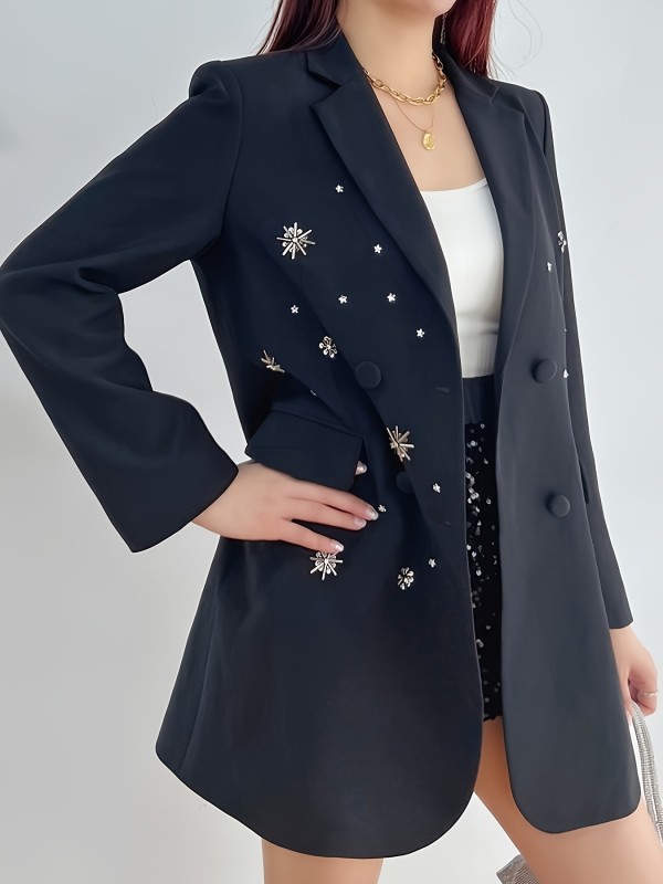Solid Color Applique Open Front Blazer, Elegant Lapel Neck Double Breasted Long Sleeve Blazer For Spring & Fall, Women's Clothing