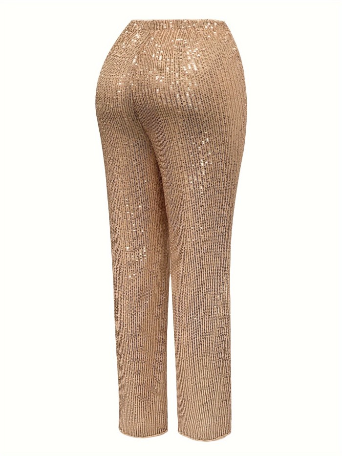 Sequined Solid Straight Pants, Elegant High Waist Slim Pants For Spring & Summer, Women's Clothing