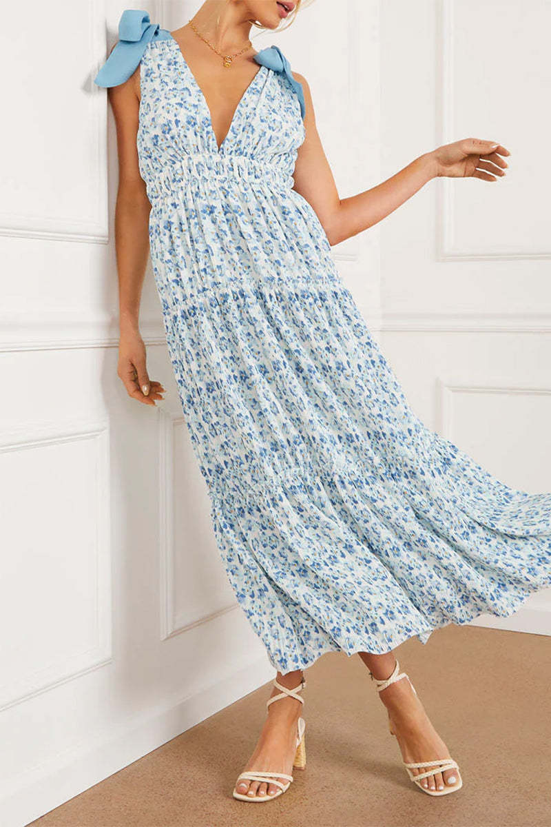Sweet Elegant Floral Frenulum V Neck Waist Skirt Dresses