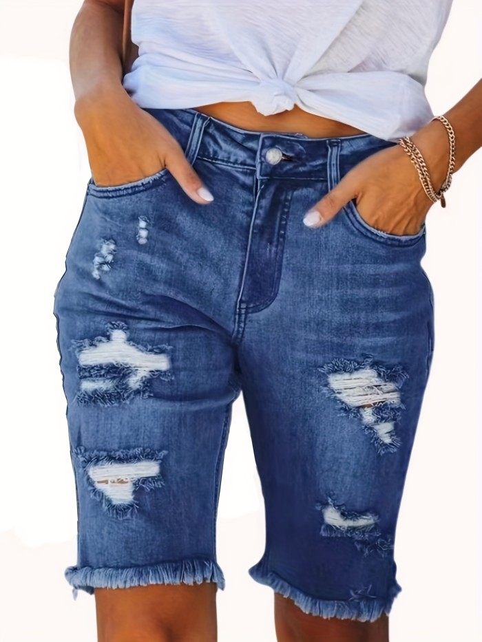 Blue Raw Hem Denim Jorts, Ripped Holes Mid-Stretch Slash Pockets Bermuda Denim Shorts, Women's Denim Jeans & Clothing