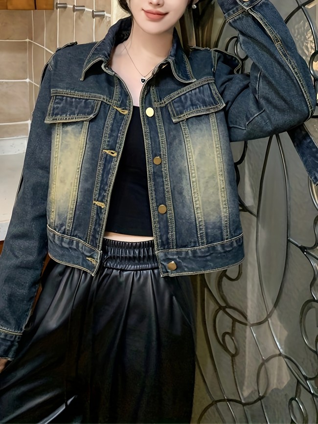 Women's Vintage Style Denim Jacket, Casual Chic Short Cropped Outerwear For Spring\u002FFall, Classic Retro Jean Top