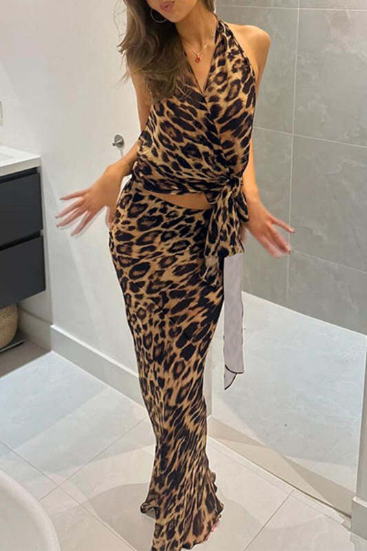 Sexy Vintage Print Leopard Bandage Backless Stringy Selvedge V Neck Sleeveless Two Pieces