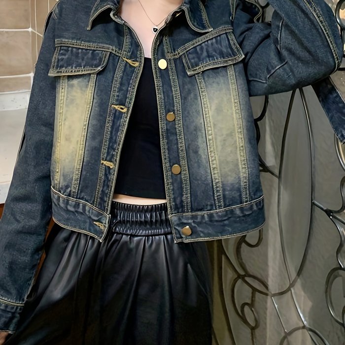 Women's Vintage Style Denim Jacket, Casual Chic Short Cropped Outerwear For Spring\u002FFall, Classic Retro Jean Top