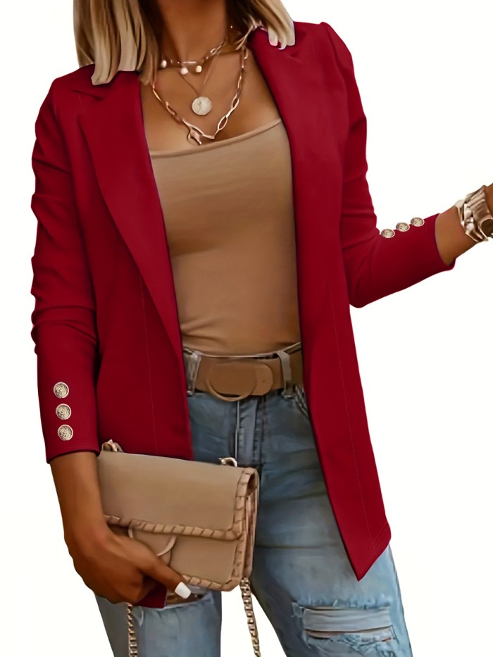 Solid Open Front Lapel Blazer, Elegant Button Decor Long Sleeve Blazer For Office & Work, Women's Clothing