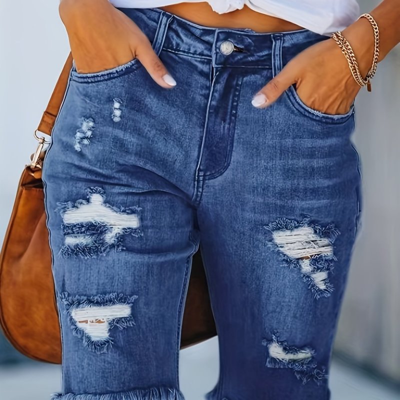 Blue Raw Hem Denim Jorts, Ripped Holes Mid-Stretch Slash Pockets Bermuda Denim Shorts, Women's Denim Jeans & Clothing