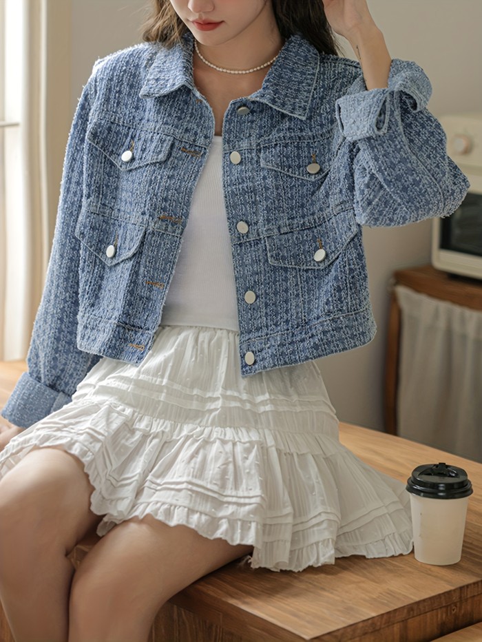 Chic Women's Rolled Sleeve Textured Lapel Denim Jacket with Faux Flap Detail
