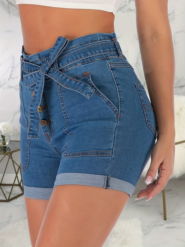 Women's Sexy Denim Shorts, High Waist With Bow Tie Belt, Slim Fit Casual Summer Jean Hotpants