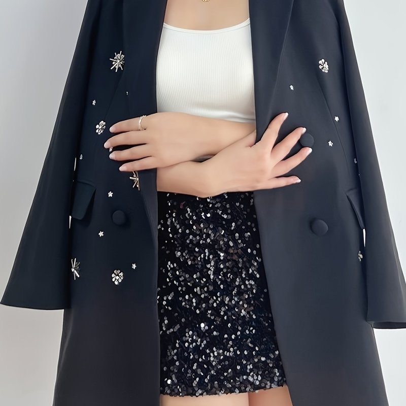 Solid Color Applique Open Front Blazer, Elegant Lapel Neck Double Breasted Long Sleeve Blazer For Spring & Fall, Women's Clothing
