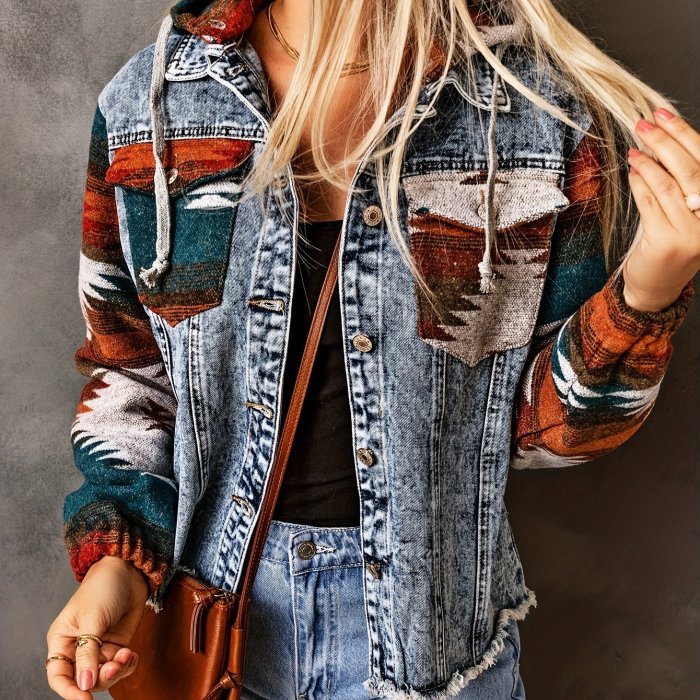 Women's Colorblock Long Sleeve Hooded Denim Jacket with Drawstring - Boho Style Coat for Trendy Fashionistas