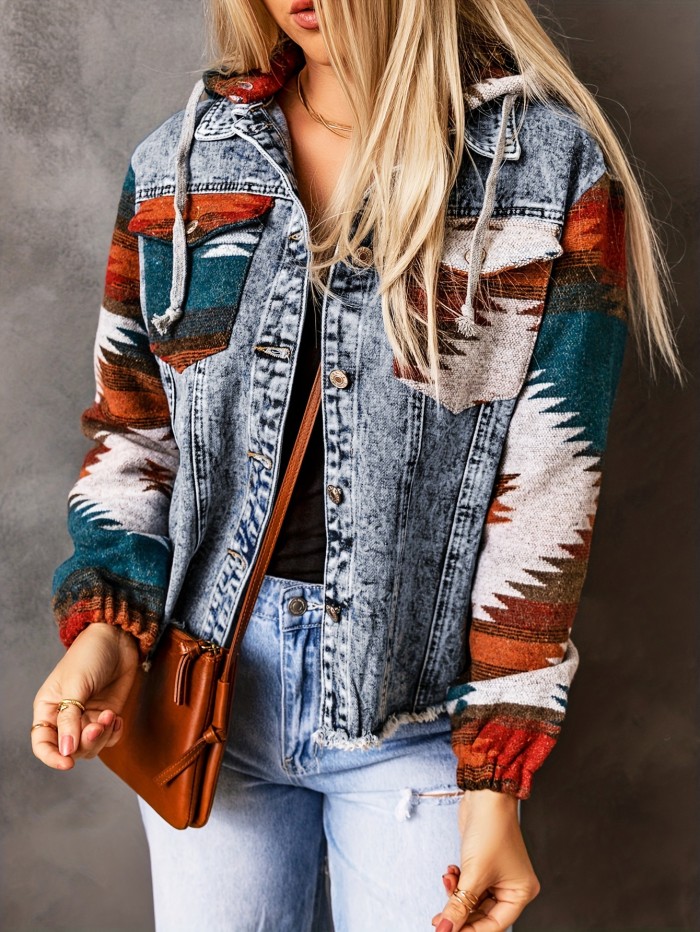 Women's Colorblock Long Sleeve Hooded Denim Jacket with Drawstring - Boho Style Coat for Trendy Fashionistas