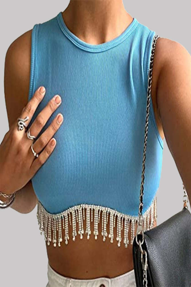 Sexy Solid Tassel Beaded O Neck Tops