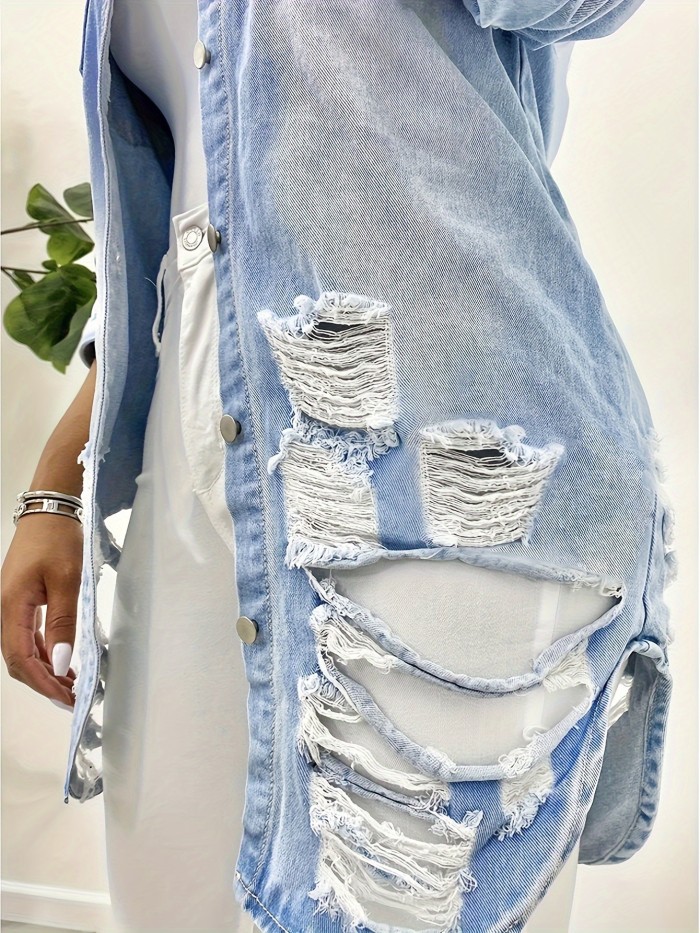 Women's Long Sleeve Destroyed Denim Shirt with Patch Pockets and Button Closure