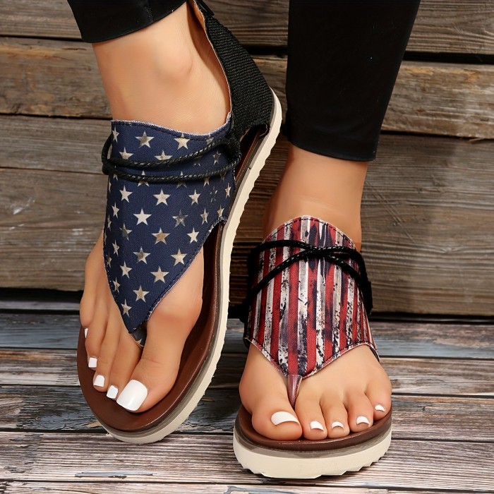 Women's Flag Pattern Trendy Sandals, Retro Back Zipper Design Flat Thong Sandals, Canvas Sandals For The 4th Of July