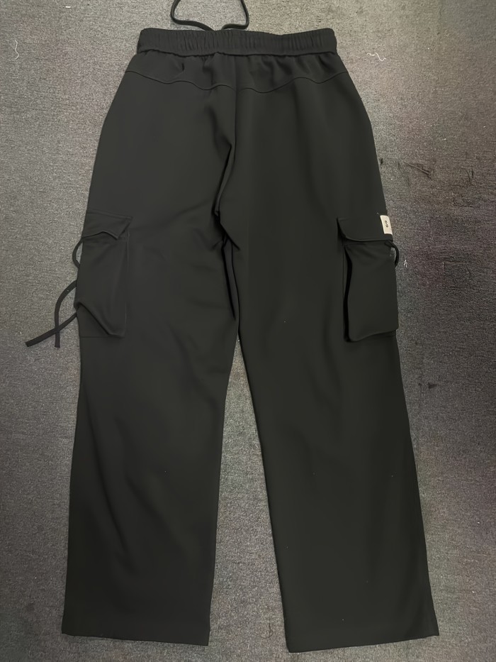 Trendy Solid Men's Long Drawstring Cargo Loose Straight Leg Pants With Flap Pockets, Workwear Sport Pants For Spring Outdoor Sports