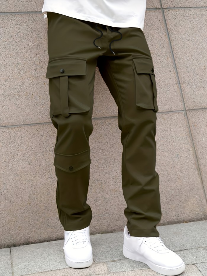 Solid Multi Flap Pockets Men's Straight Leg Cargo Pants, Loose Casual Outdoor Pants, Men's Work Pants Streetwear