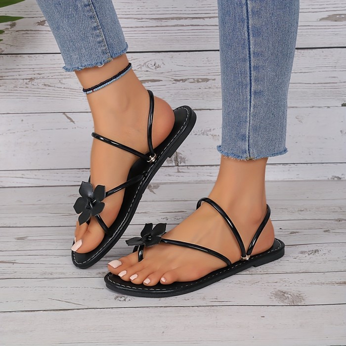 Women's Summer Fashion Flip Flops, Flowers Decor Toe Loop Slip On Flat Slides, Casual Summer Beach Vacation Slide Sandals