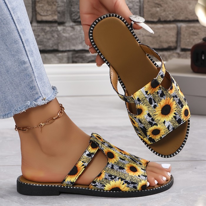 Women's Sunflower Print Slide Sandals, Casual Open Toe Summer Shoes, Lightweight Slip On Beach Shoes