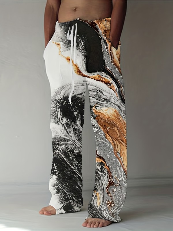 Men's Stylish Wide-Leg Pants for Outdoor Activities - Digital Print, Brush Stroke Color Blending Pattern, Graphic Drawstring