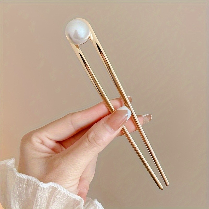 1pc New Chinese Style Faux Pearl U-Shaped Hairpin for Girls - Elegant Hair Accessory