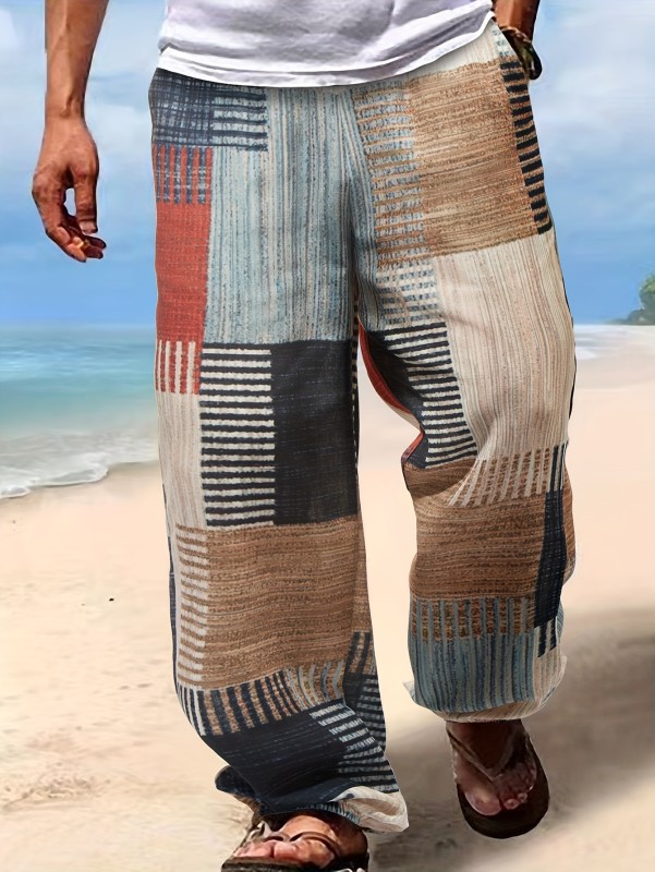 Men's Color Block Fashion Print Loose Cotton Trousers, Beach Pants, Holiday Trousers, Suit For Outdoor