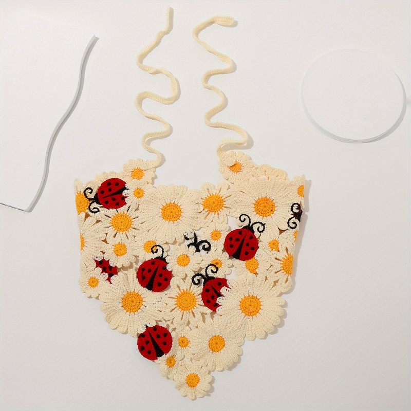1pc Ladybug Crochet Headband - Pastoral Style Hair Scarf for Women - Handmade Knitting Triangle Hair Band - Cute Hair Accessories