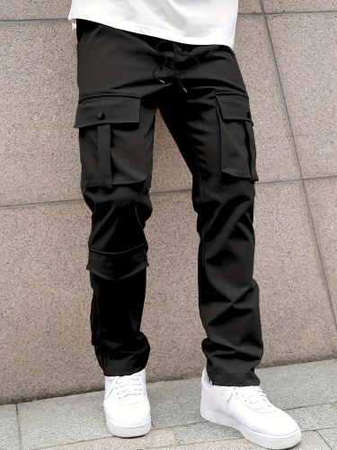 Solid Multi Flap Pockets Men's Straight Leg Cargo Pants, Loose Casual Outdoor Pants, Men's Work Pants Streetwear