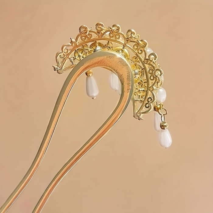 1pc Chinese Style Elegant Faux Pearl Crescent Moon Decorative Hair Pin With Tassel Vintage U Shaped Hair Dish For Women And Girls Wear