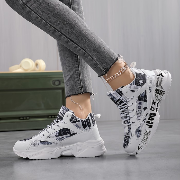 Trendy Graffiti Print Faux Leather Heighten Chunky Sneakers, Wear Resistance Non Slip Shock Absorption Sneakers, Casual Versatile Outdoor Sports Running Shoes Dad Shoes For Women & Men
