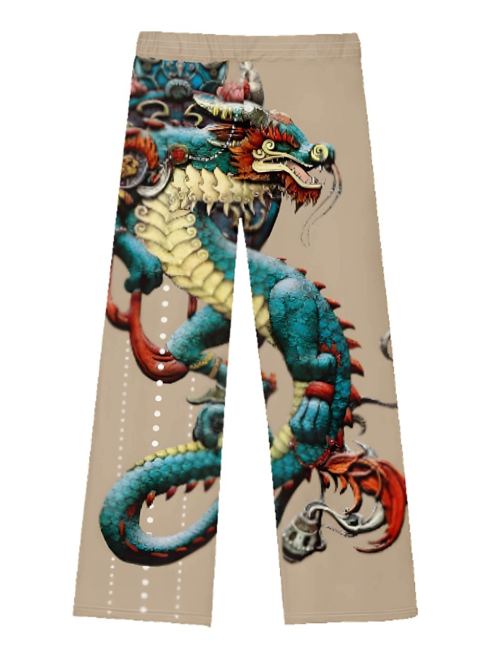 Men's Drawstring Wide Leg Pants Beach Pant Retro Dragon Pattern Casual Baggy Pants Yoga Trousers Streetwear Hiphop Rapper Style