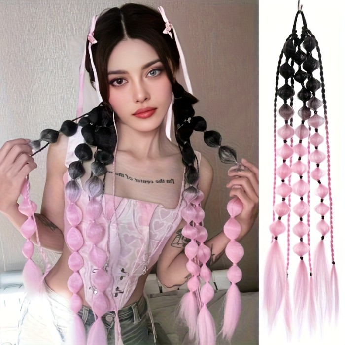 Gradient Colored Lantern Braids Hair Extension, Basic Style, Long Tassel Hair Accessory For Women, Multicolor Cosplay, Party Hairstyle Decor Synthetic Ponytail Extensions