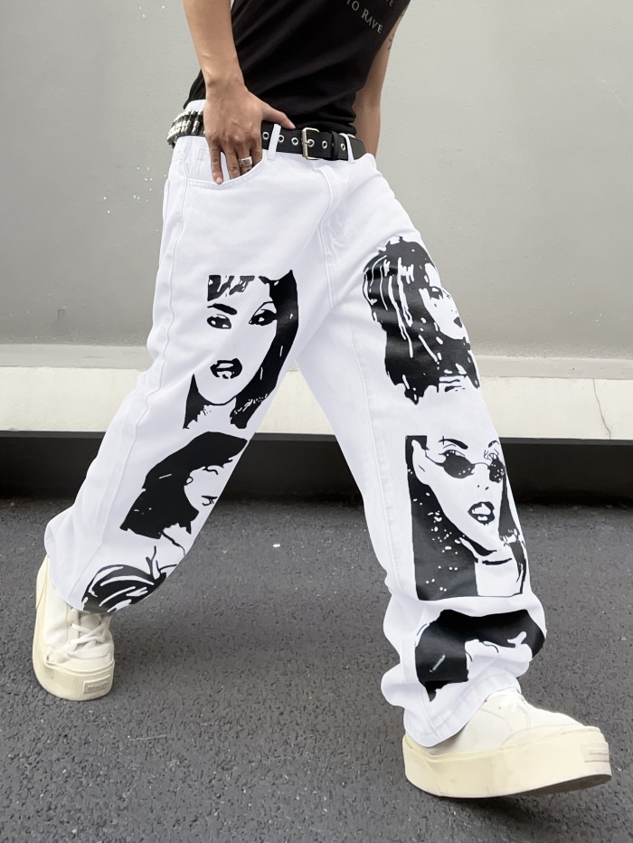 Men's Casual Loose Fit Wide Leg Jeans - Street Style Portrait Print - Comfortable and Stylish