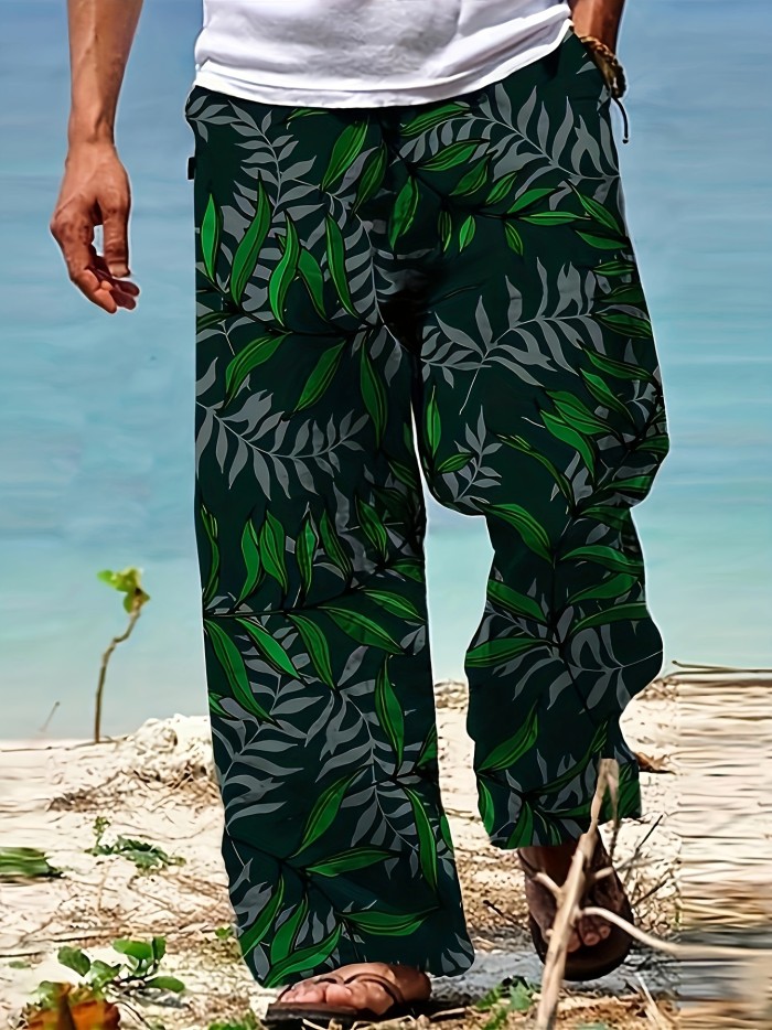 Men's Drawstring Wide Leg Beach Pants - Trendy Pattern, Casual Baggy Fit, Yoga Trousers - Streetwear Hiphop Style