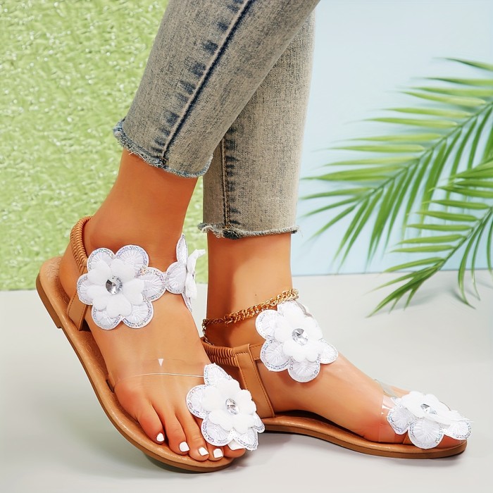 Women's Rhinestone & Flower Decor Flat Sandals, Casual Loop Toe Summer Shoes, Lightweight Slip On Sandals