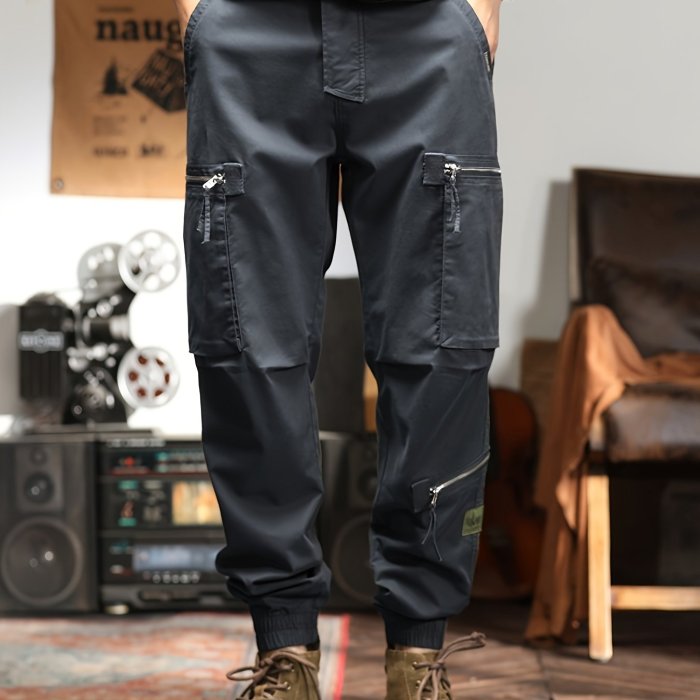 Men's Solid Cargo Pants For Spring Fall, Trendy Casual Trousers