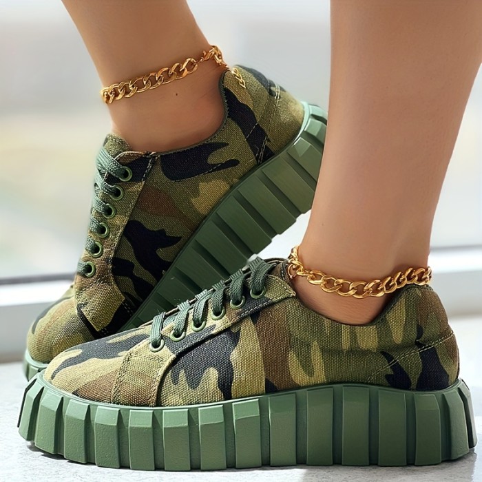 Women's Camouflage Canvas Sneakers - Comfortable Lace Up Low Top Shoes for Casual Walking