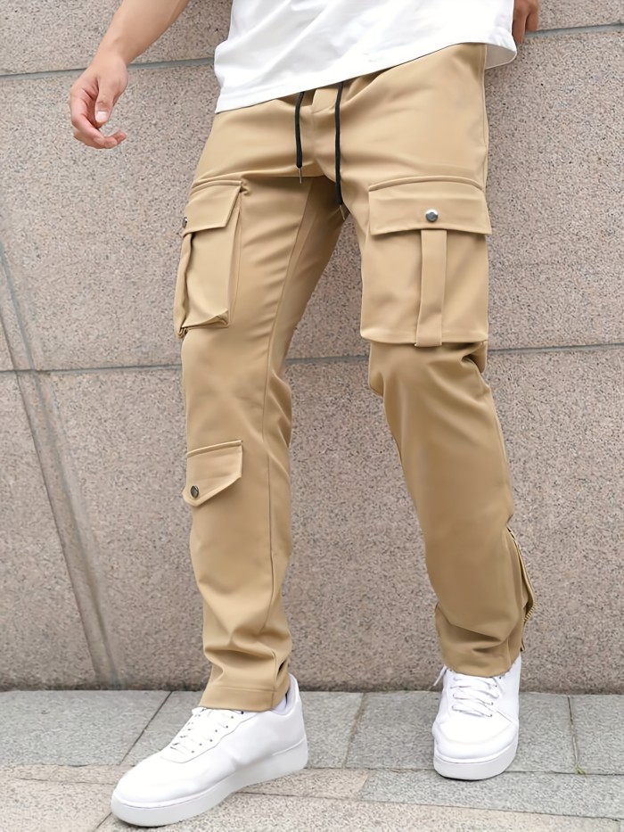 Solid Multi Flap Pockets Men's Straight Leg Cargo Pants, Loose Casual Outdoor Pants, Men's Work Pants Streetwear